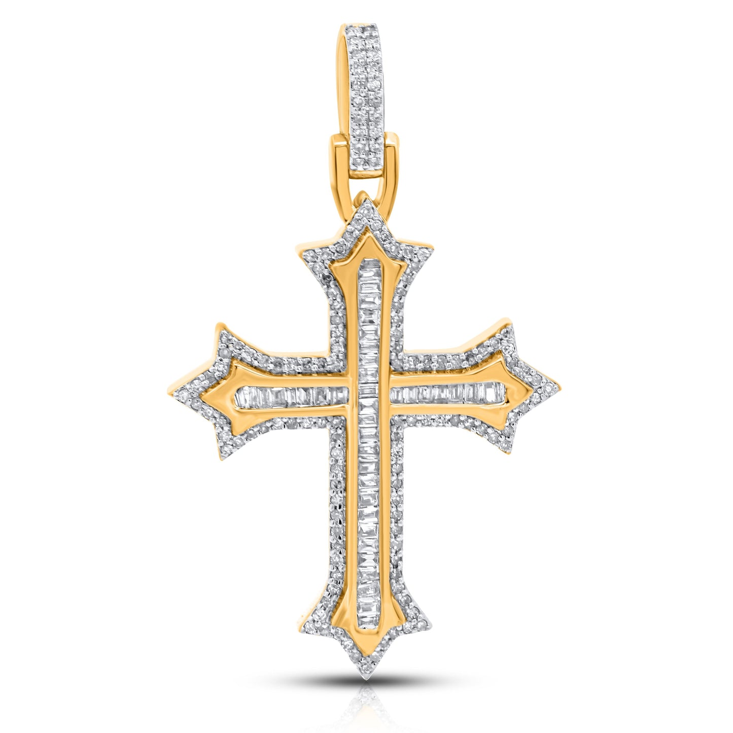 14K 0.48CT 1.6" Yellow Gold Baguette Diamond Cross Pendant
