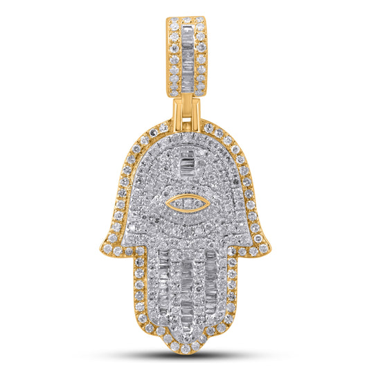 10K 0.92CT 1.4" Gold Two-Tone Bagutte Diamond Hamsa Pendant