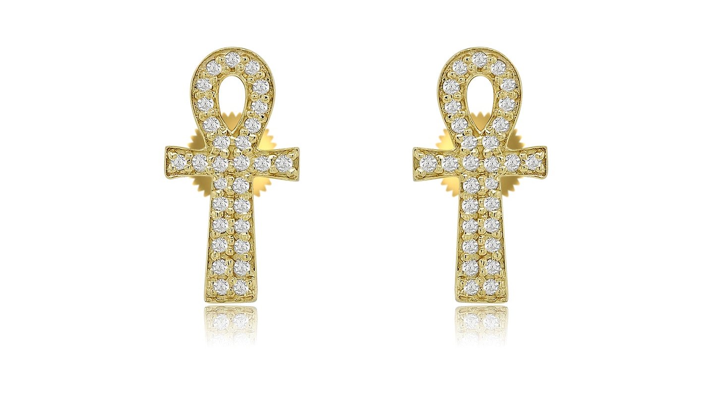 10K 0.11CT 11MM Yellow Gold Diamond Ankh Screw-back Earrings