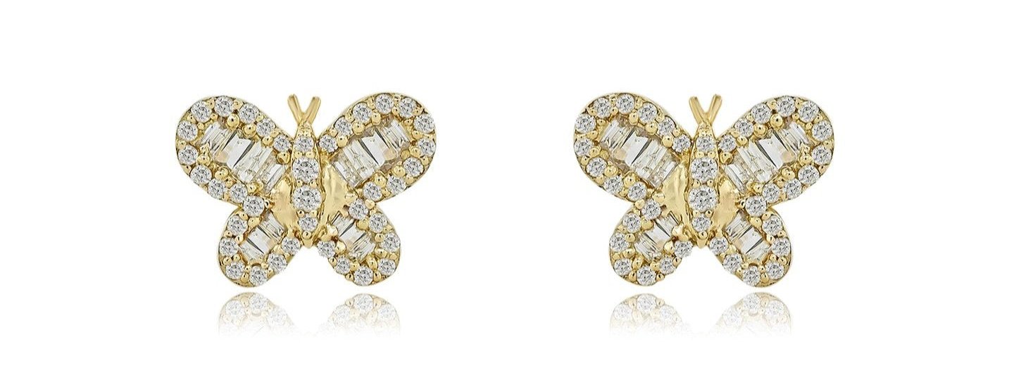 10K 0.46CT Yellow Gold Diamond Baguette Butterfly Screw-Back Earrings