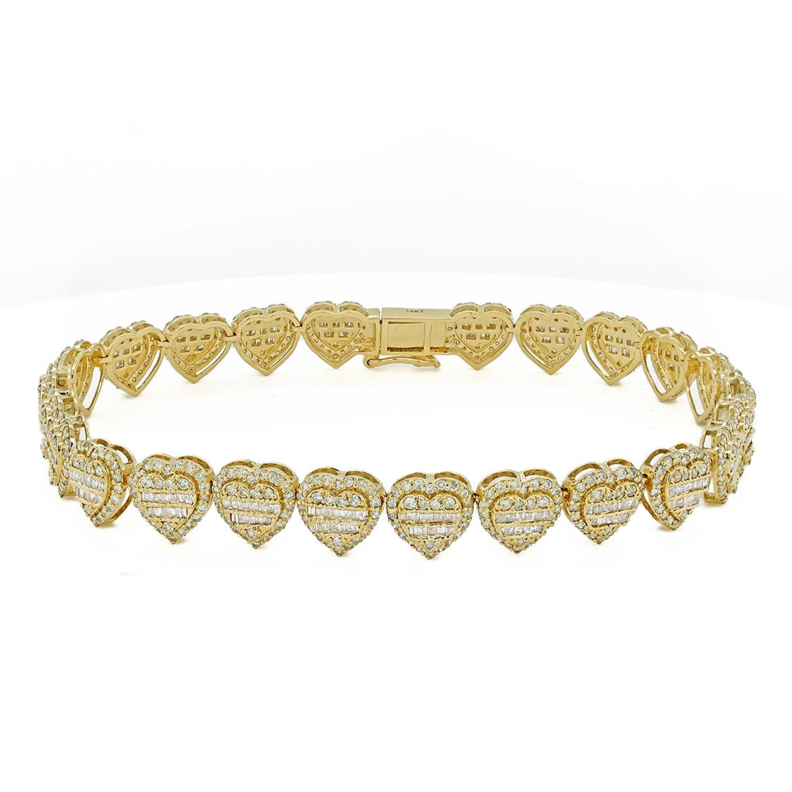 14K 4.7CT 8.5MM Gold Diamond Baguette Heart Bracelet