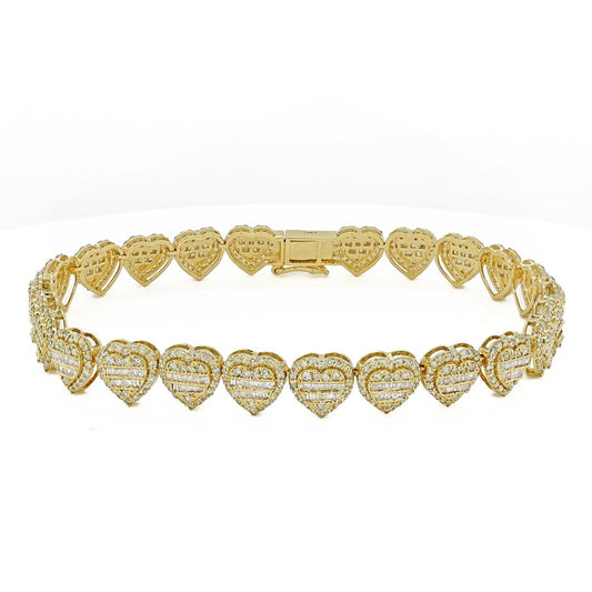 14K 4.7CT 8.5MM Gold Diamond Baguette Heart Bracelet
