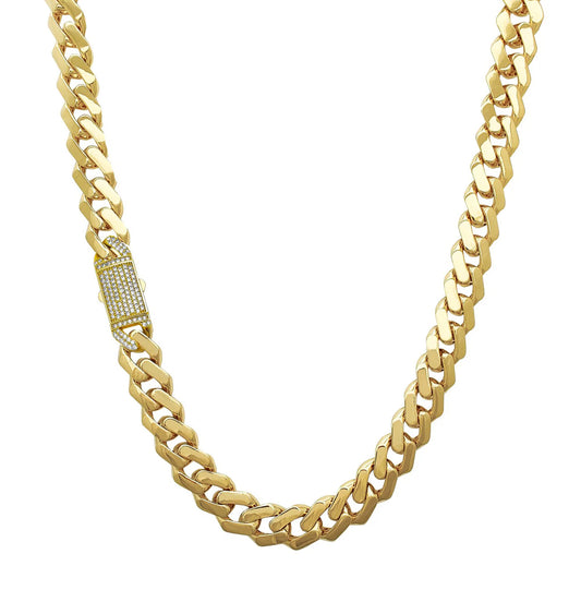 14K 13MM Yellow Gold Cuban Link Chain With Iced Out Lock