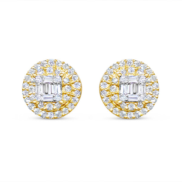 Gold Round Baguette Diamond Earrings