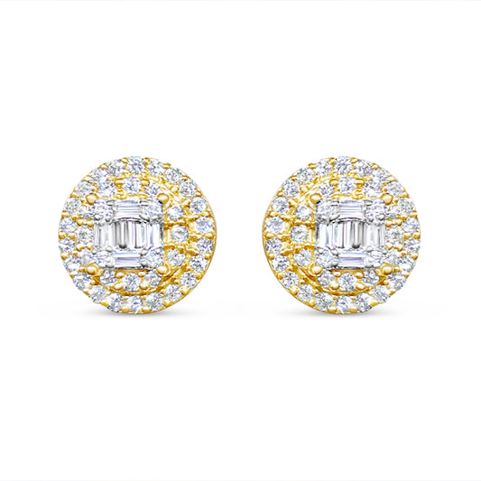 Gold Round Baguette Diamond Earrings
