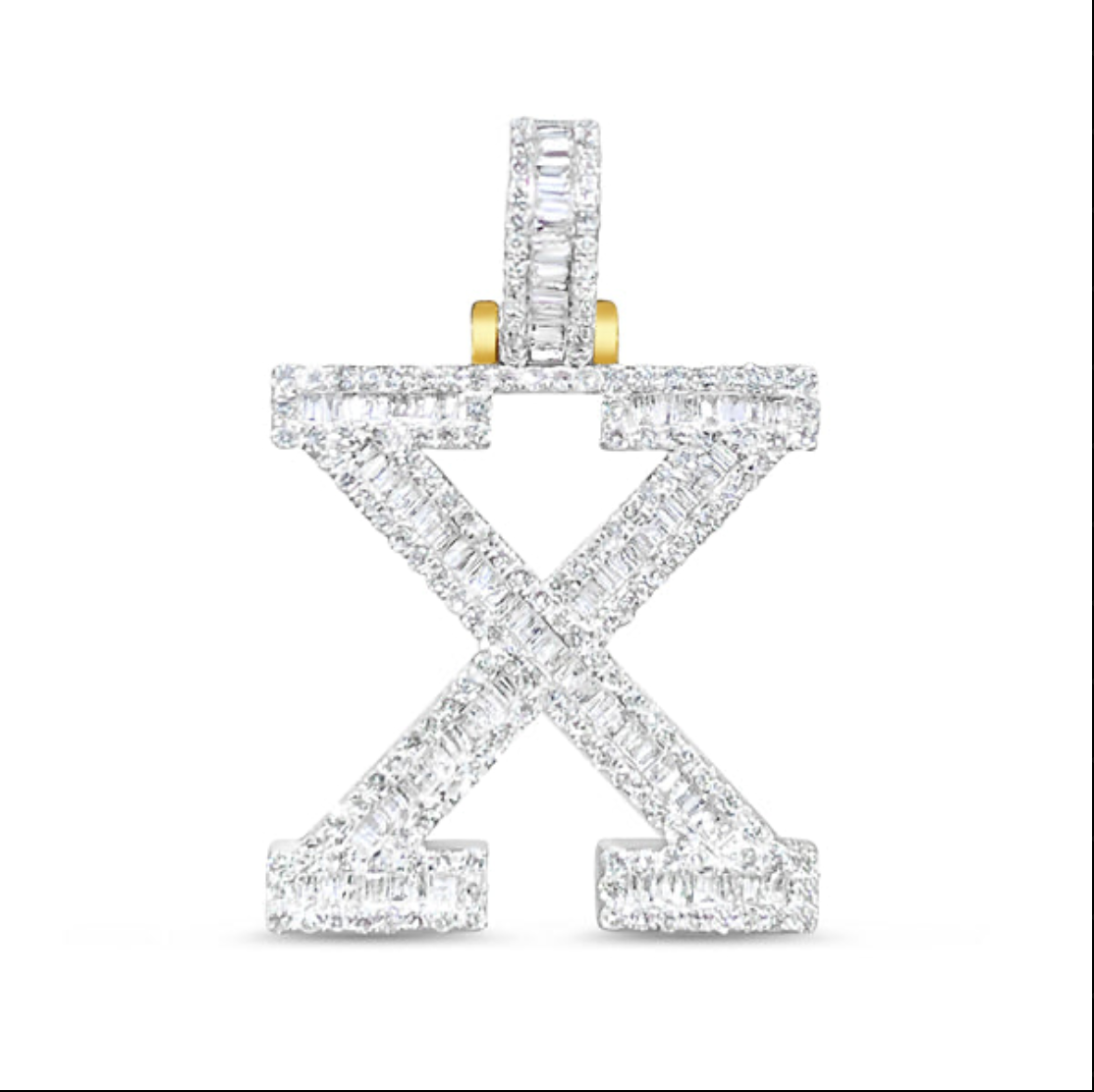 10K 1" Yellow Gold Diamond Baguette Initial Pendants