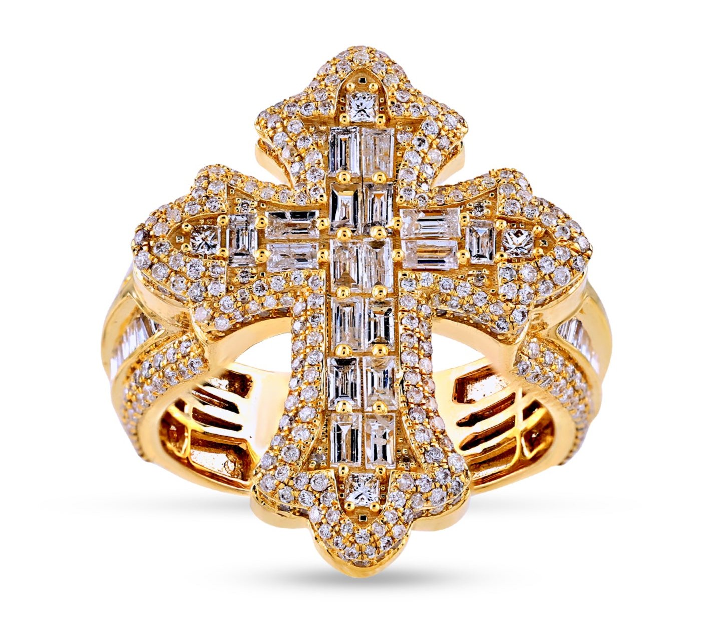 1.98CT Baguette Diamond Yellow Gold Cross Ring