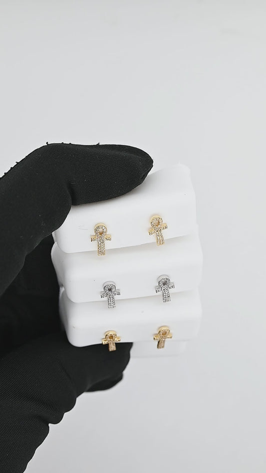 10K 0.11CT 11MM Yellow Gold Diamond Ankh Screw-back Earrings