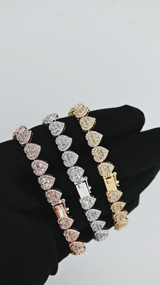 14K 4.7CT 8.5MM Gold Diamond Baguette Heart Bracelet