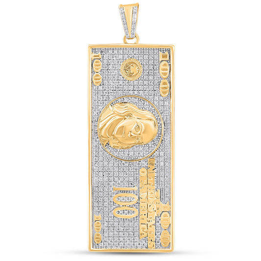 10K 0.61CT 2.4" Diamond 100 Hundred Dollar Bill Gold Pendant