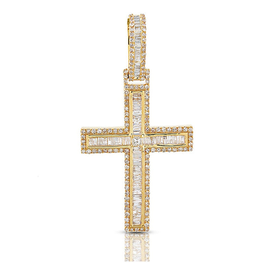 10K 1.14CT 1.8" Yellow Gold Diamond Baguette Cross Pendant