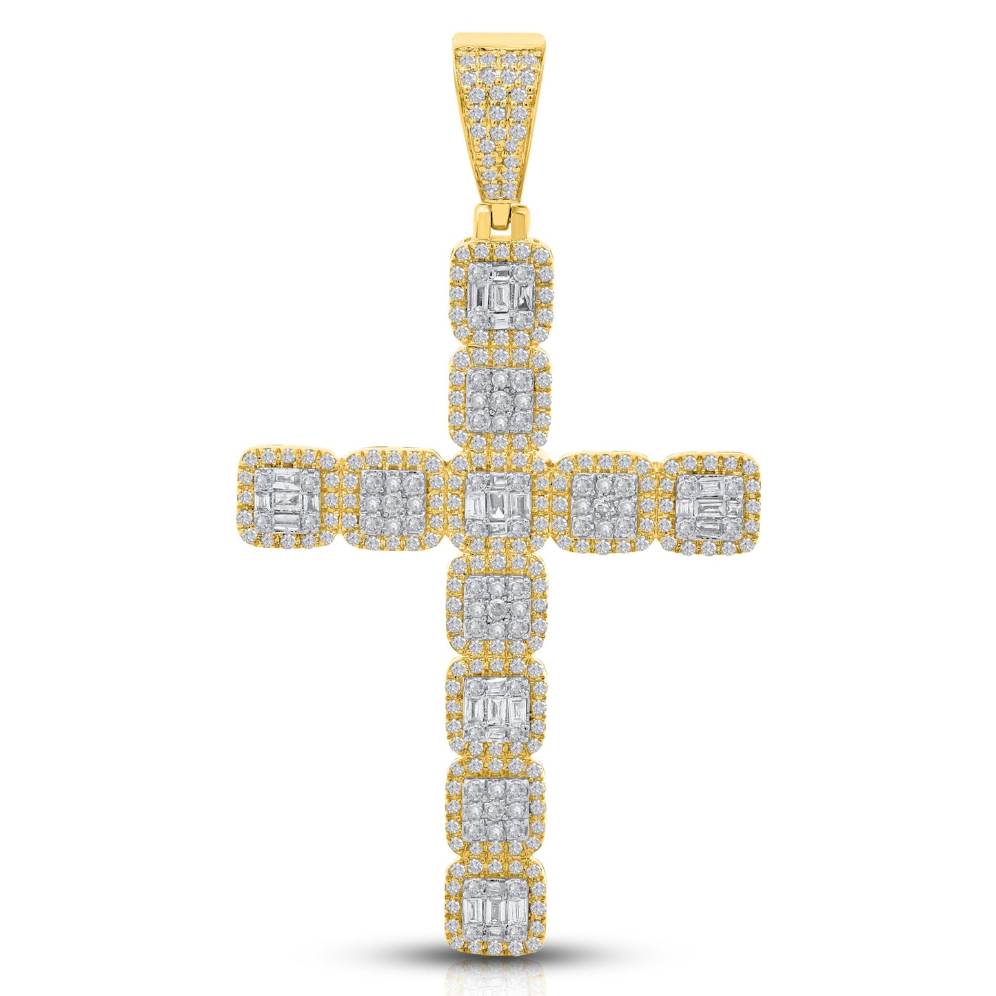 10K 1.08CT 2" Yellow Gold Two-Tone Baguette Diamond Cross Pendant