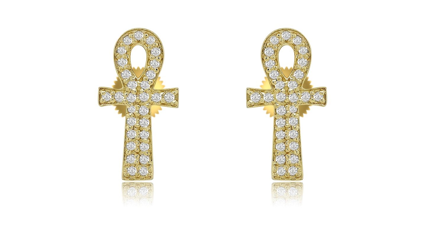 10K 0.11CT 11MM Yellow Gold Diamond Ankh Screw-back Earrings