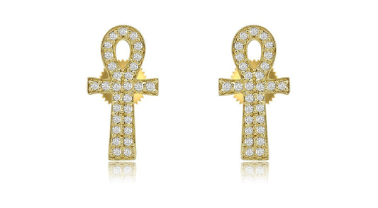 10K 0.11CT 11MM Yellow Gold Diamond Ankh Screw-back Earrings