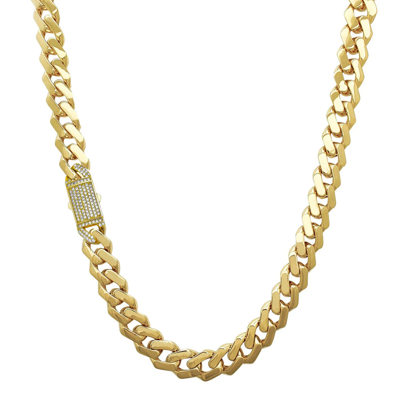 14K 13MM Yellow Gold Cuban Link Chain With Iced Out Lock