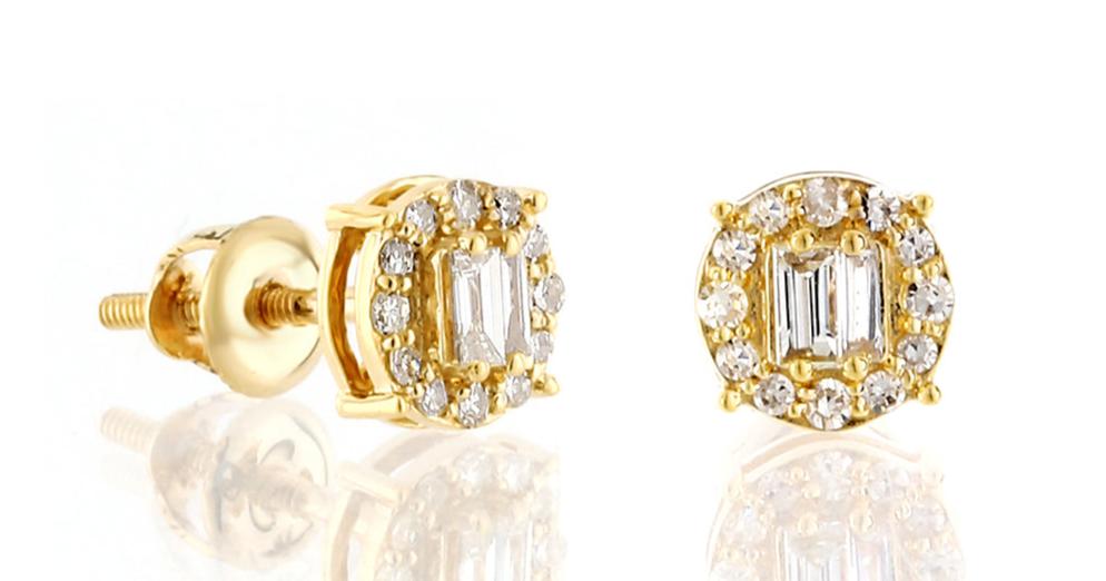 10K .37CT 7MM Round Baguette Diamond Screw-Back Earrings