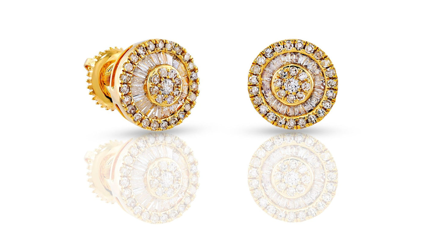 14K .45CT 8MM Round Baguette Diamond Yellow Gold Screw-Back Earrings