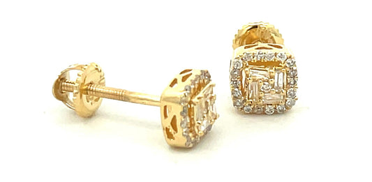 10K .18CT 6MM Square Diamond Baguette Screw-Back Earrings