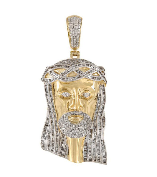 10K 3.47CT Diamond Baguette Gold Jesus Pendant