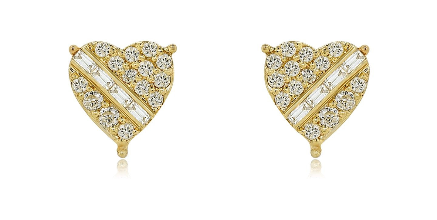 14K 0.40CT 9MM Diamond Baguette Yellow Gold Heart Screw-Back Diamond Earrings