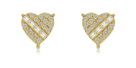 14K 0.40CT 9MM Diamond Baguette Yellow Gold Heart Screw-Back Diamond Earrings