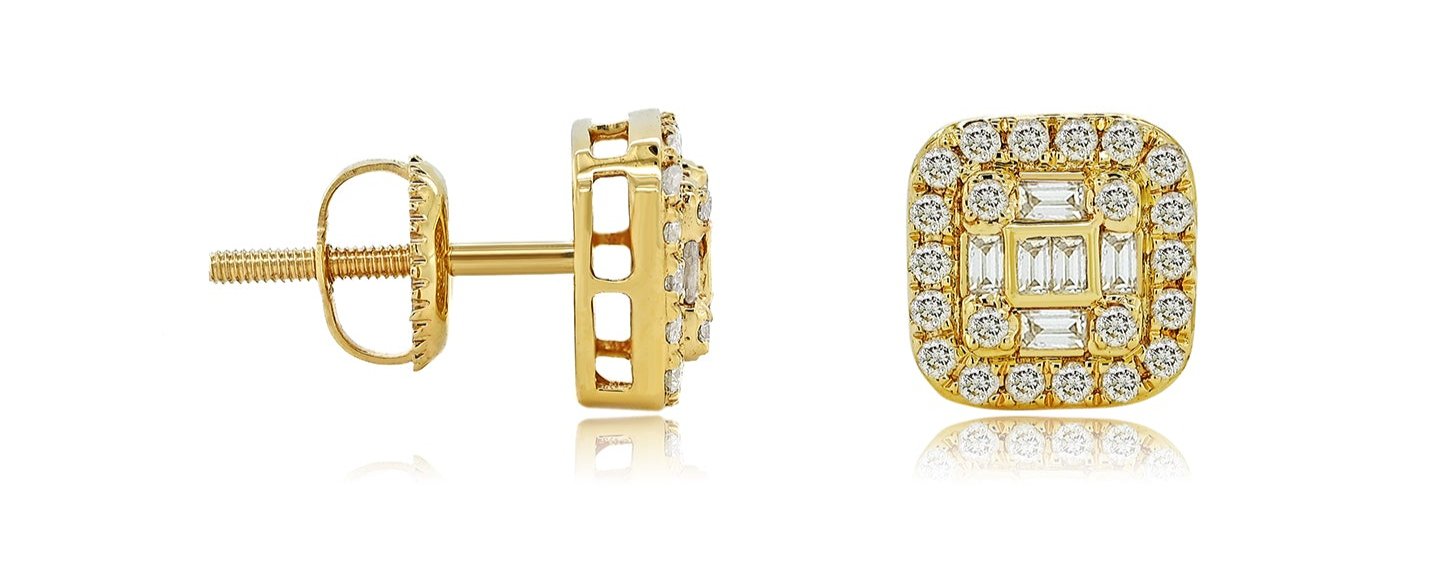 14K 0.49CT 8.5MM Yellow Gold Square Diamond Baguette Screw-back Earrings