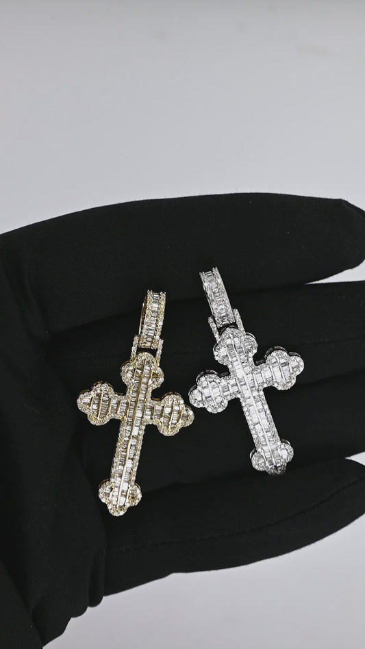 10K 1.27CT Yellow Gold Diamond Baguette Cross Pendant